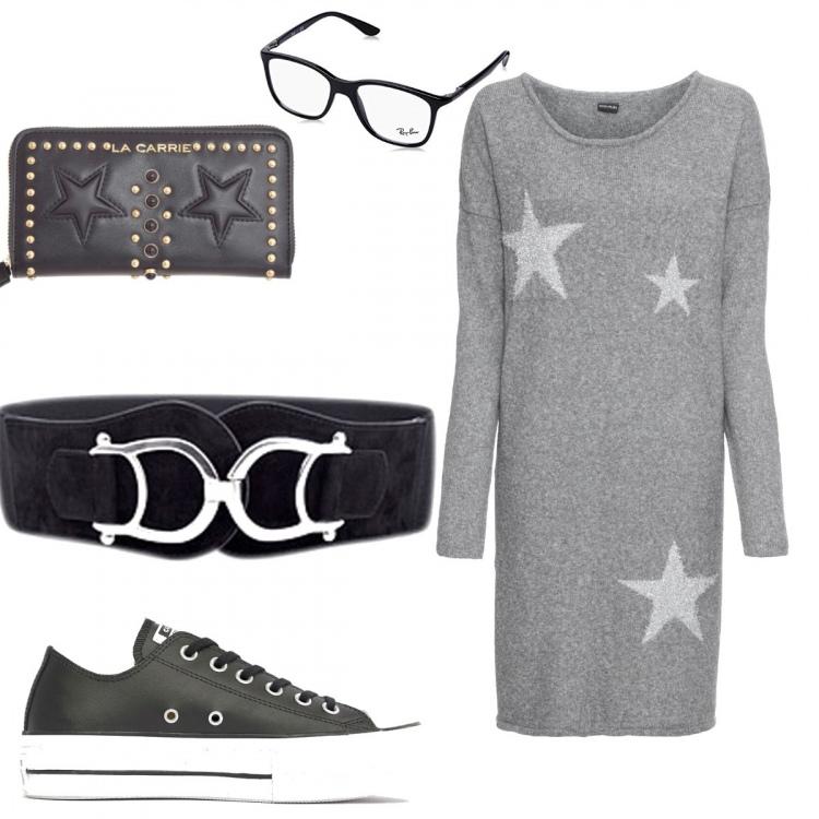Outfit donna - Urban #4650. Stile Urban per Tutti i giorni. Abbinamento con cinture, vestito con scollo a maniche lunghe in in maglia grigio, sneakers basse con plateau nero, montatura occhiali unisex-adulto nero, portafoglio maxi con borchie e zip in ecopelle.