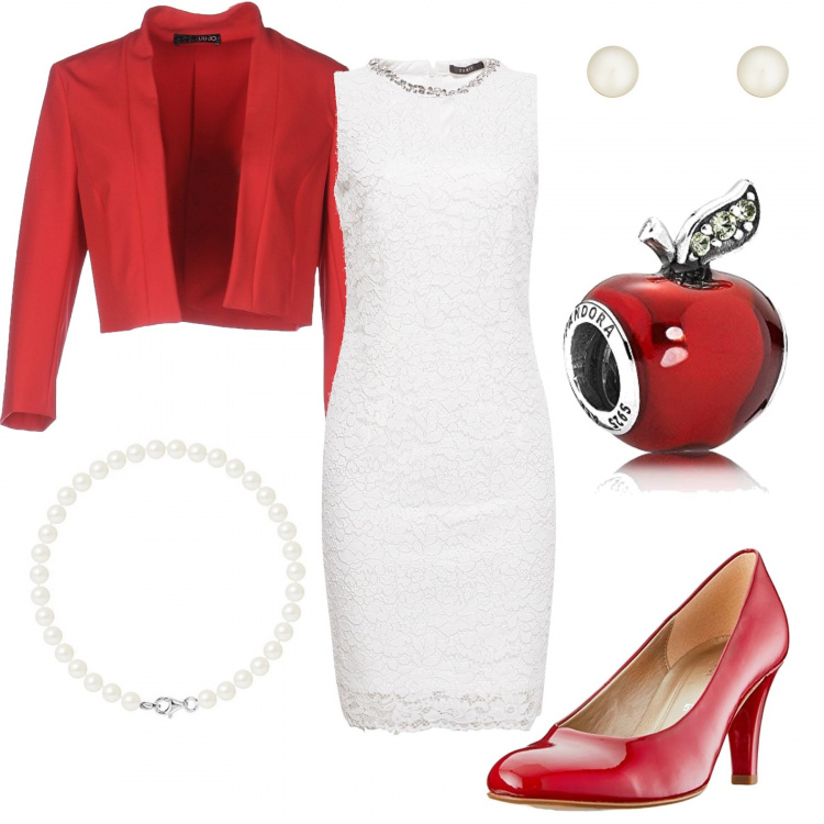 Outfit donna - Biancaneve. Stile Bon Ton per Serata fuori. Abbinamento con giacca senza tasche scollatura profonda interno foderato jersey, vestito elegante bianco, ciondoli, scarpe con tacco rosso, orecchini, bracciale con perle forma intrecciata bianco.