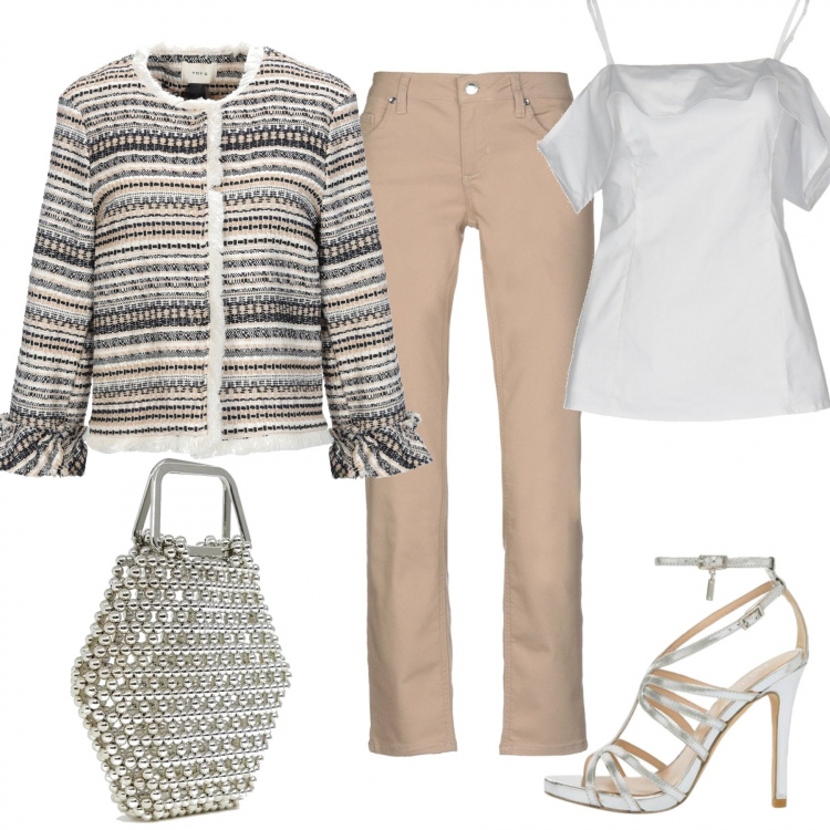 Outfit donna - Chic #7486. Stile Chic per Serata fuori. Abbinamento con giacca senza tasche tweed con frange collo tondo a maniche lunghe interno sfoderato monopetto, pantaloni, blusa scollatura profonda a maniche corte tinta unita, vestito petite con perline, sandali con cinturino effetto laminato.