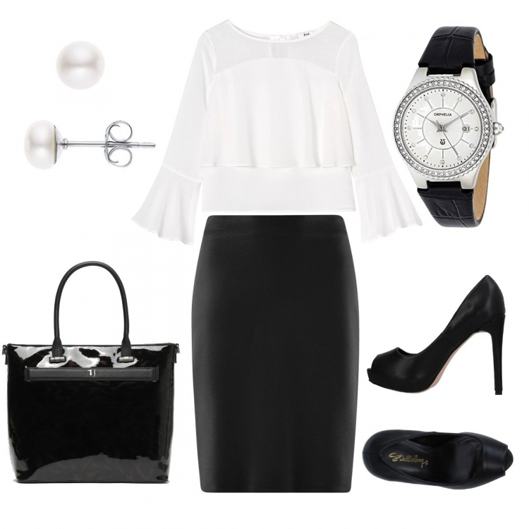 Outfit donna - Chanel style. Stile Chic per Ufficio. look ideale per Tall. Abbinamento con décolleté open toe in pelle sintetica tinta unita, gonna a tubino aderente nero, bluse, borsa a mano con taschini e zip nero, orologi, orecchini in argento 925 bianco.