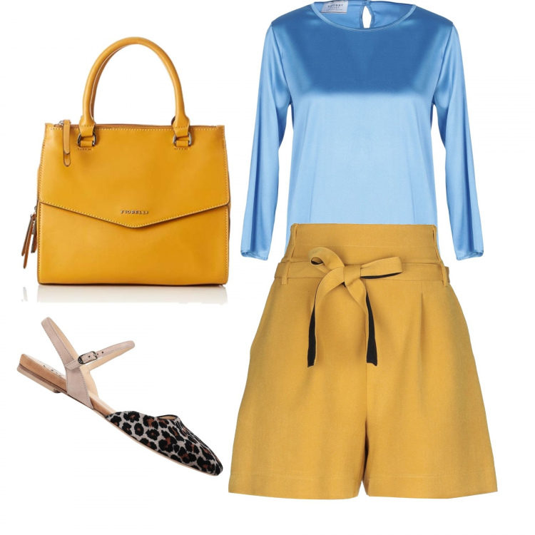 Outfit donna - Bon Ton #6615. Stile Bon Ton per Tutti i giorni. Abbinamento con pantalone, ballerine slingback fantasia con fibbia e punta quadrata pianta stretta in velluto, blusa collo tondo a maniche lunghe in raso tinta unita, borsa giallo.