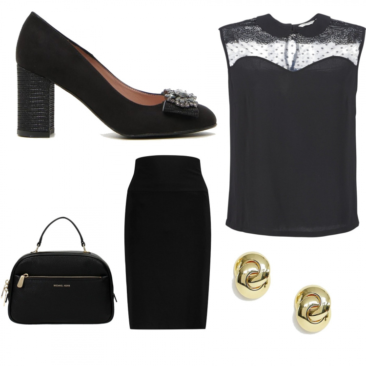 Outfit donna - Bon Ton #6620. Stile Bon Ton per Ufficio. Abbinamento con gonna al ginocchio interno sfoderato jersey, borsa a mano con manico e zip in pelle con logo frontale nero e oro, camicetta nero, décolleté con strass e tacco largo con punta tonda nero, orecchini a bottone farfalla oro e rosa.