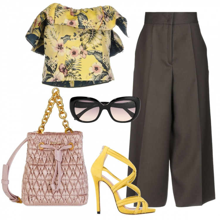 Outfit donna - Il top fiorito. Stile Chic per Tutti i giorni. Abbinamento con top con balze fantasia floreale scollatura profonda senza maniche con zip jacquard, pantalone vita alta con zip in seta twill, borsa a mano mini con manico e coulisse interno foderato in velluto tinta unita, occhiali da sole lenti sfumate tinta unita, sandali effetto scamosciato con zip e punta tonda tinta unita.