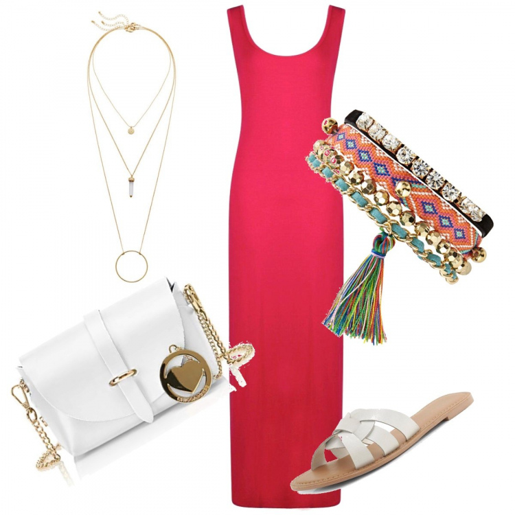 Outfit donna - Total color. Abbinamento con braccialetti, ciondoli, vestito lungo skater maxi con scritte e scollo aderente bianco e vivace, ciabatte pianta larga, shopping bag bianco.