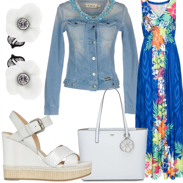 Outfit donna - Trendy #13295. Stile Trendy per Tutti i giorni. Abbinamento con vestiti, giacca senza tasche contrasto delavé collo tondo a maniche lunghe in denim tinta unita, orecchini con strass a clip in placcato rodio argento, sandali con zeppe e fasce traspirante, shopping bag con ricamo e zip bianco.