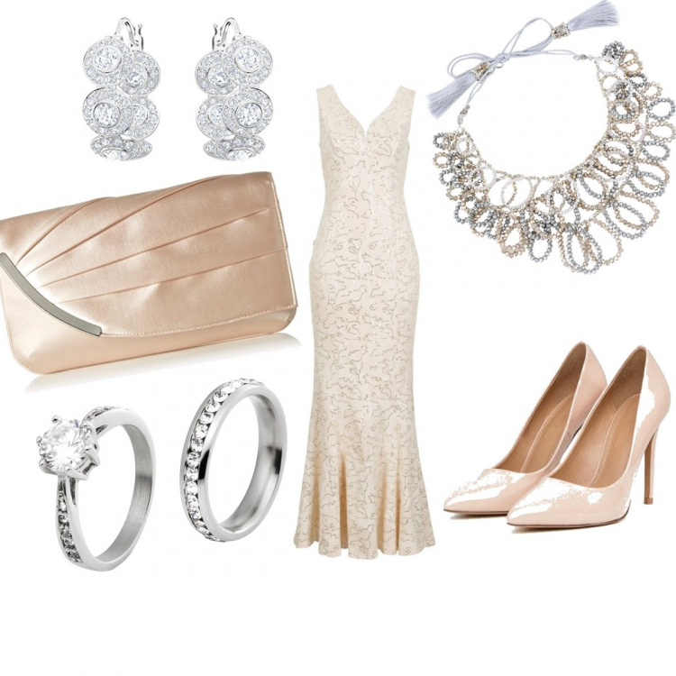 Outfit donna - Tres chic. Stile Chic per Serata fuori. look ideale per Tall. Abbinamento con vestiti lunghi, anelli, collana con perline e nappine, orecchini, décolleté con tacco alto pianta larga, pochette.