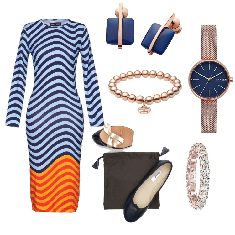 Outfit donna - Basic #7921. Stile Basic per Ufficio. Abbinamento con vestito longuette a righe collo tondo a maniche lunghe interno sfoderato jersey, bracciale, orecchini, anello oro, ballerine con fiocco e laccetti con punta tonda navy, orologio con cinturino in oro rosa.