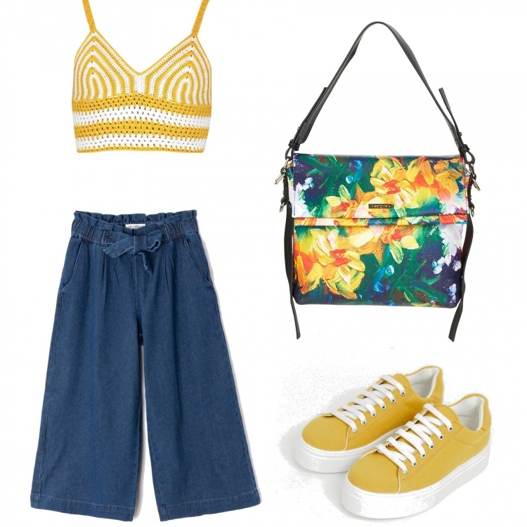 Outfit donna - Colazione con le amiche. Stile Urban per Tutti i giorni. Abbinamento con pantalone paper bag in denim blu, top a righe, borsa a spalla, sneakers stringate petite senape.