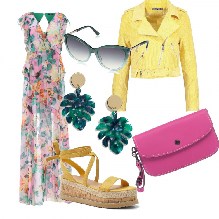 Outfit donna - Spring’s flower. Stile Basic per Tutti i giorni. Abbinamento con vestito lungo senza tasche fantasia floreale collo a v a maniche corte con laccetti interno semi-foderato crêpe, borsa a mano mini con manico tinta unita, giacca a coste, sandali flatform con lacci incrociati, orecchini oro, occhiali da sole.