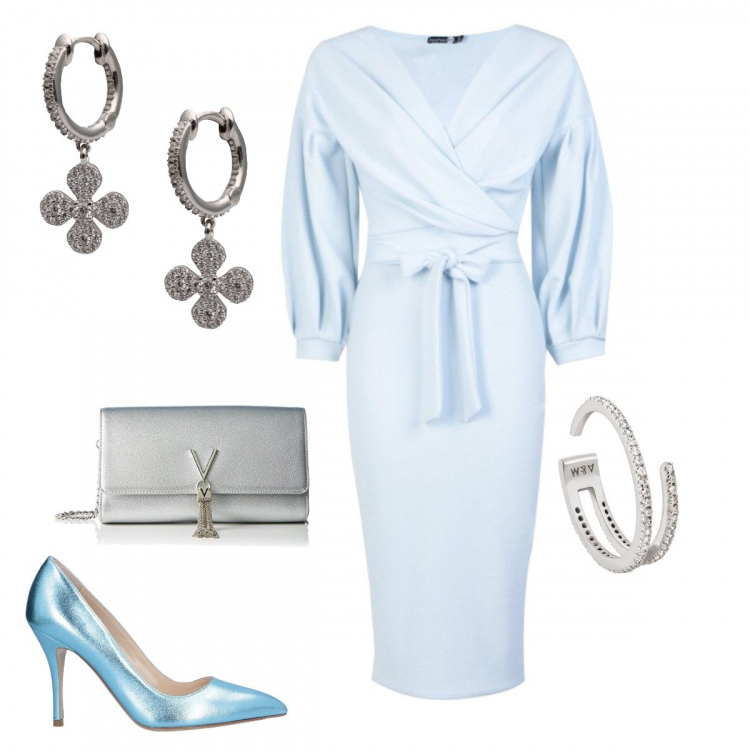 Outfit donna - Look cerimonia. Stile Chic per Cerimonia. Abbinamento con décolleté, orecchini, anello in ottone, vestito longuette con scollo aderente, pochette.