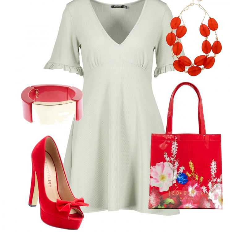 Outfit donna - Bianco e rosso. Stile Trendy per Serata fuori. Abbinamento con décolleté open toe, collier, vestito skater con volant e scollo bianco e vivace, bracciale, vestito con stampa vivace.