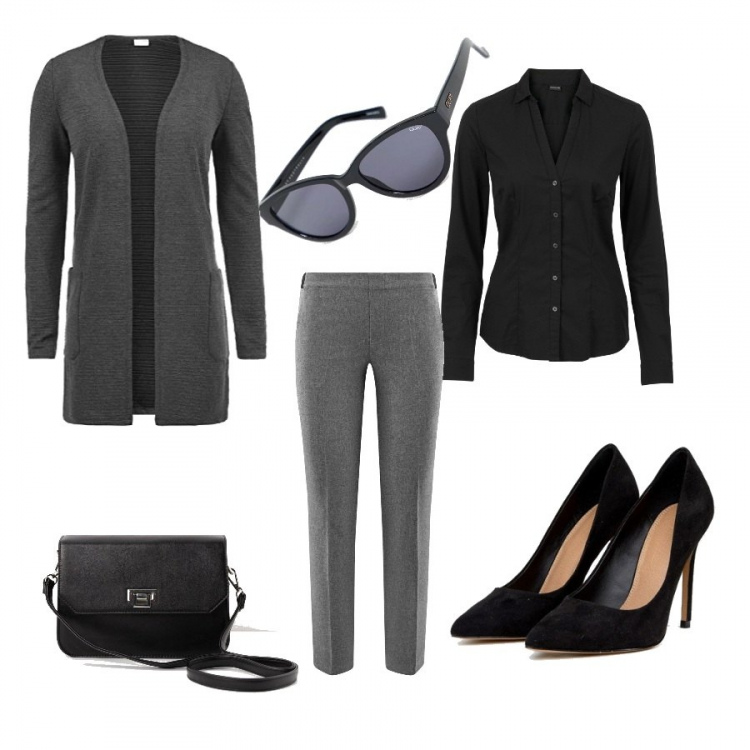 Outfit donna - Donna d\'affari. Stile Basic per Ufficio. Abbinamento con camicie, borsa a tracolla in ecopelle nero, pantalone con zip aderente grigio, giacca melange nero e grigio, décolleté con tacco alto nero, occhiali da sole a gatto lenti scure estremità ricurve con logo.