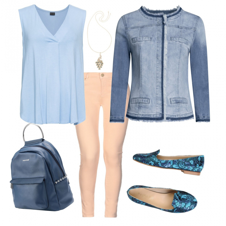 Outfit donna - Buona giornata. Stile Basic per Tutti i giorni. Abbinamento con top, collana, mocassini, zaino, jeans, giacca con frange in denim con bottoni blu.