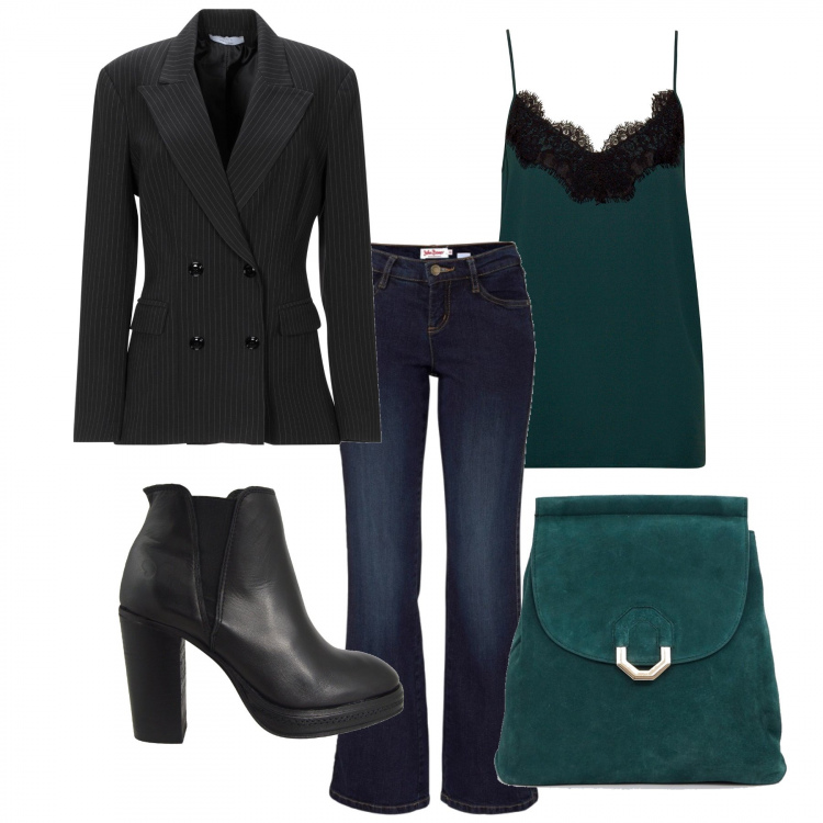 Outfit donna - Verde e gessato. Stile Trendy per Ufficio. look ideale per Tall. Abbinamento con jeans bootcut, giacca doppiopetto motivo gessato collo con revers a maniche lunghe interno foderato con tasche, camicia verde, zaino con anello effetto scamosciato con spalline in denim, tronchetti con zip nero.