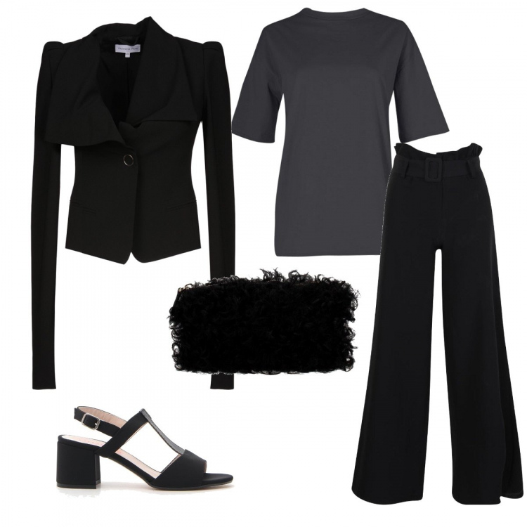 Outfit donna - Look Armani. Stile Chic per Tutti i giorni. Abbinamento con blazer, pantalone palazzo, t-shirt oversize, pochette nero, sandali.