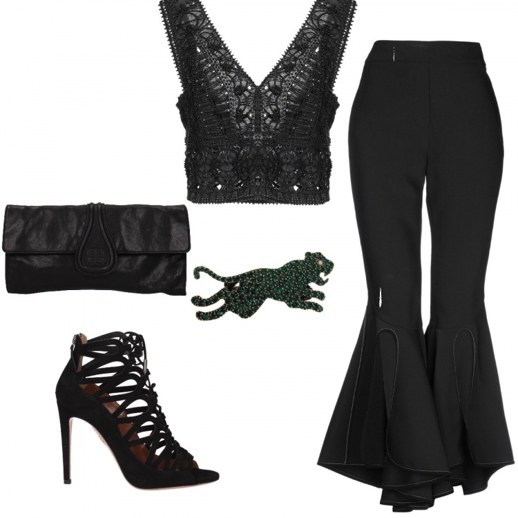 Outfit donna - Trasgressione. Stile Sexy per Serata fuori. Abbinamento con pantaloni, top con perline scollatura profonda senza maniche in cotone tinta unita, anelli, sandali con lacci nero, pochette con manico e logo frontale nero.