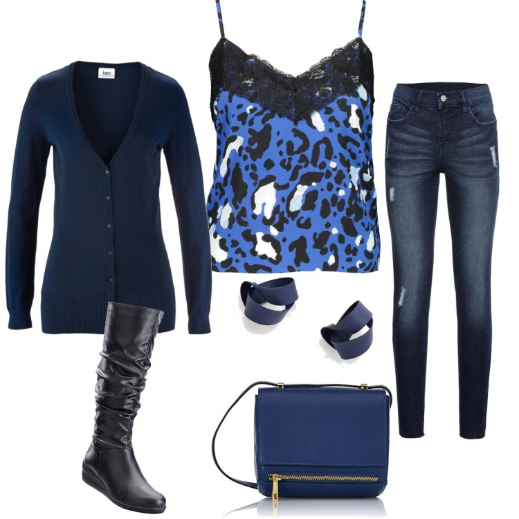 Outfit donna - Basic #7987. Stile Basic per Tutti i giorni. Abbinamento con jeans strappati, cardigans, stivali, top con pizzo animalier crop blu, shopping bag, orecchini a bottone farfalla in denim navy.