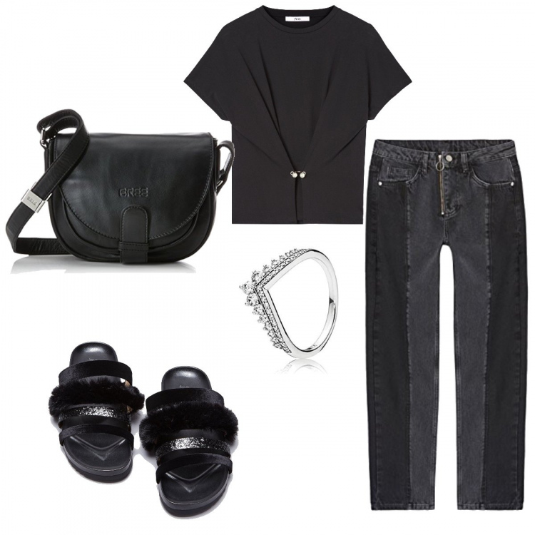 Outfit donna - Look Dark. Stile Rock per Tutti i giorni. Abbinamento con t-shirt, jeans dritti, ciabatte, anelli, borsa a spalla.