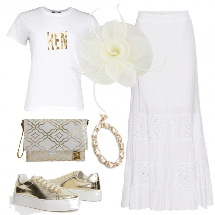 Outfit donna - Addio al nubilato (tempodibianco). Stile Trendy per Serata fuori. Abbinamento con gonna lunga con pizzo bianco, t-shirt, orecchini fantasia floreale, sneakers stringate petite flatform effetto metallizzato oro, borsa a mano con manico e zip in rafia oro, cappello beige.