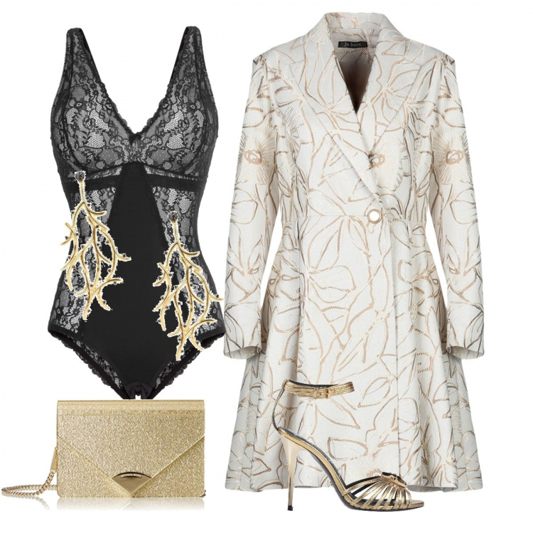Outfit donna - Perche no?!?sotto solo l\'intimo.... Stile Sexy per Serata fuori. Abbinamento con body, sandali effetto laminato con tacco spillo e cinturino interno in pelle con punta tonda tinta unita, orecchini con strass e farfallina in ottone nero, soprabito doppiopetto fantasia floreale effetto laminato collo con revers a maniche lunghe interno foderato jacquard, shopping bag effetto metallizzato con fasce in pelle.