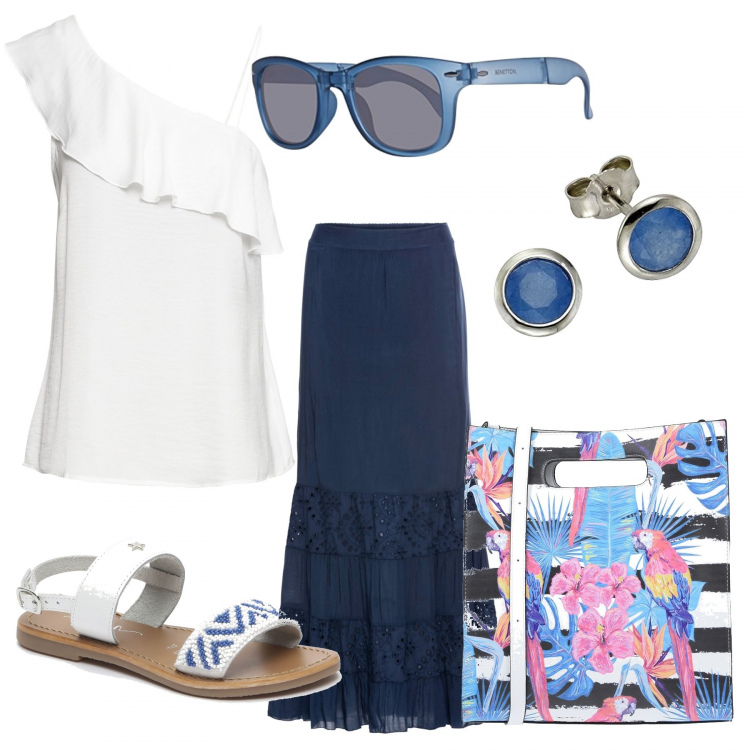 Outfit donna - Meritato relax. Stile Etnico per Tutti i giorni. Abbinamento con top, top monospalla con volant, borsa a tracolla fantasia taglia media doppio manico interno foderato in pelle sintetica, sandali motivo decorativo con borchie e fibbia con punta tonda fatto a mano bianco, occhiali da sole, orecchini con zirconia in sterling 925 argento e multicolore.