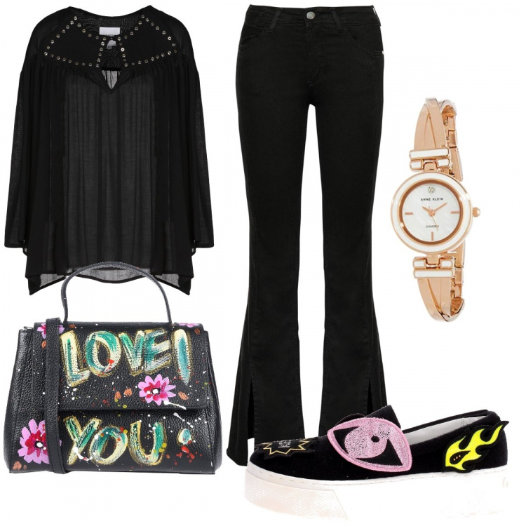 Outfit donna - In nero con dettagli in contrasto. Stile Trendy per Scuola/Università. Abbinamento con blusa senza tasche collo tondo in viscosa tinta unita, borsa a mano mini con manico e stampa in pelle martellata rigido, jeans wide leg con frange e zip tinta unita, slip, orologi.