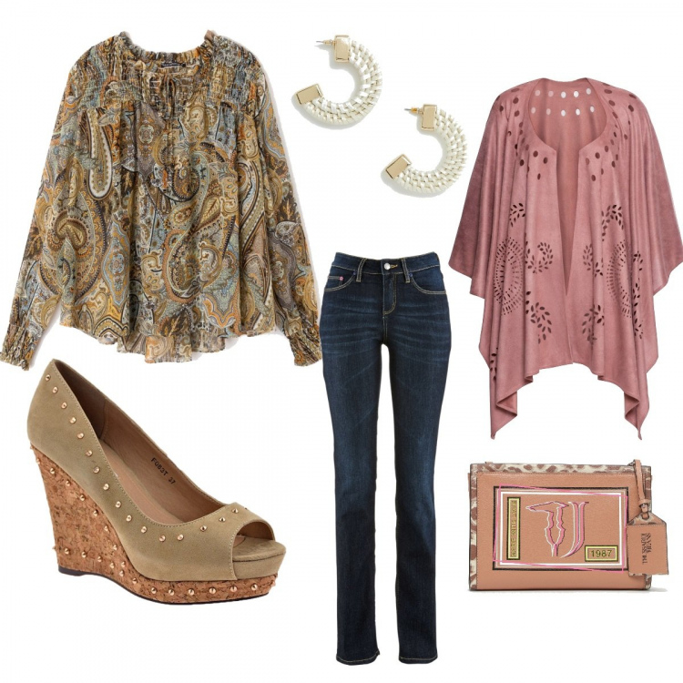 Outfit donna - Uscite pomeridiane. Stile Bon Ton per Tutti i giorni. Abbinamento con jeans dritti, cappotti, blusa fantasia scollatura con polsini beige, décolleté, pochette con taschini e stampa con zip e tracolla regolabile rosa, orecchini farfalla in denim oro.