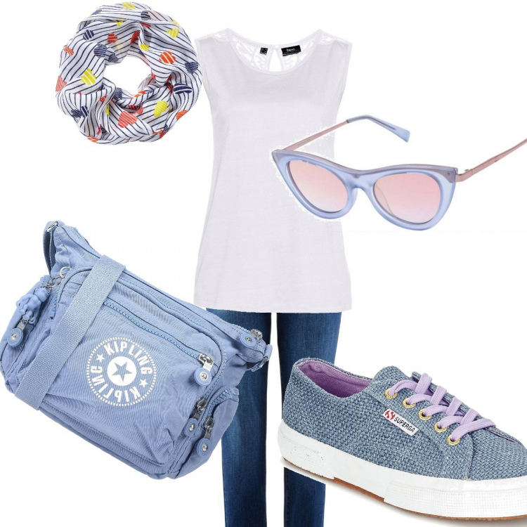 Outfit donna - Curvy pratiche. Stile Urban per Tutti i giorni. Abbinamento con jeans boyfriend, top, sciarpina, borsa a tracolla, occhiali da sole lenti a specchio in montatura in metallo, scarpe blu.