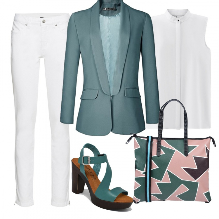 Outfit donna - Ufficio business Giacca. Stile Bon Ton per Ufficio. Abbinamento con jeans skinny, borsa a mano maxi fantasia multicolore con zip interno foderato con tasca interna, blazer, sandali con tacco e plateau e fibbia con punta tonda turchese, top collo coreana aderente bianco.