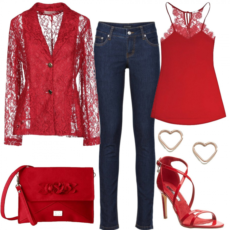 Outfit donna - Campari time. Stile Chic per Serata fuori. Abbinamento con jeans skinny, giacca con fiocco e pizzo a maniche lunghe interno sfoderato tinta unita, sottovesti, scarpe col tacco con cinturino rosso, borsa a tracolla rosso, orecchini a bottone farfalla in oro rosa argento.