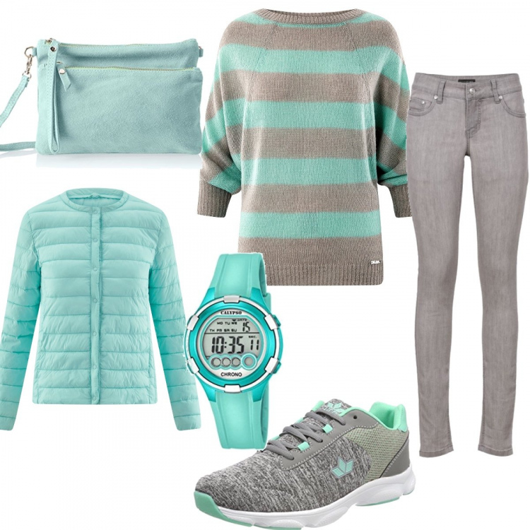 Outfit donna - Outfit da mamma. Stile Trendy per Tutti i giorni. Abbinamento con jeans skinny, giubbotto con scollo aderente turchese, maglione a righe in mohair turchese, scarpe da ginnastica elasticizzato grigio, shopping bag turchese, orologi digitali.