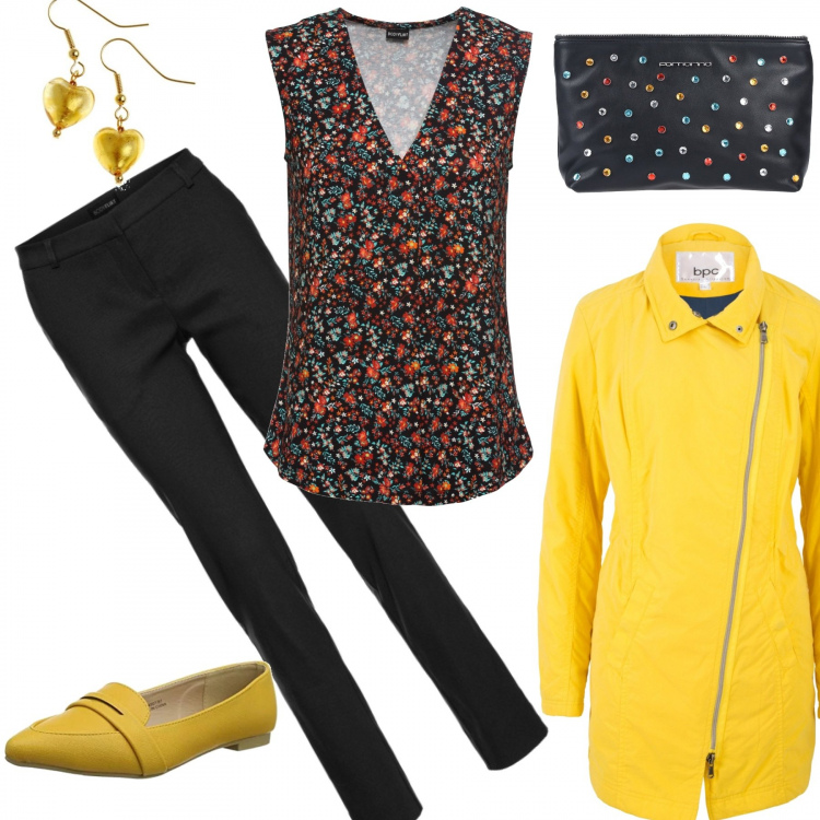 Outfit donna - Aspettando il sole. Stile Basic per Ufficio. Abbinamento con pantaloni, top, parka giallo, borsa a mano con strass taglia media con zip interno foderato in pelle sintetica tinta unita, mocassini giallo e nero, orecchini in con murano oro.