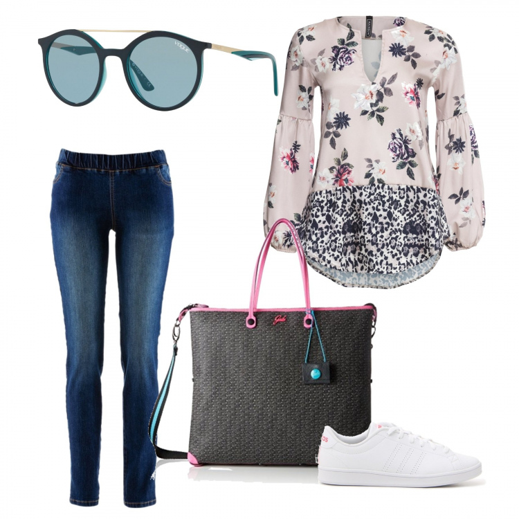 Outfit donna - Aspettando il sole. Stile Basic per Tutti i giorni. Abbinamento con treggings, tuniche, occhiali da sole, shopping bag nero e multicolore, sneakers.