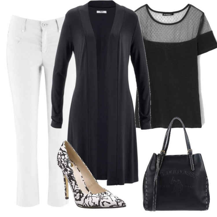 Outfit donna - Bianconero. Stile Bon Ton per Serata fuori. Abbinamento con cardigans, pantaloni capri, borsa a mano maxi a scatto interno sfoderato in pelle sintetica tinta unita, t-shirt girocollo a maniche corte in tulle nero, scarpa col tacco.