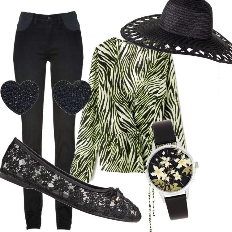 Outfit donna - La maglietta astratta. Stile Trendy per Tutti i giorni. Abbinamento con jeans skinny, ballerine, cappello in paglia, blusa verde, orecchini a perno con cuore, orologio con cinturino e stampa.