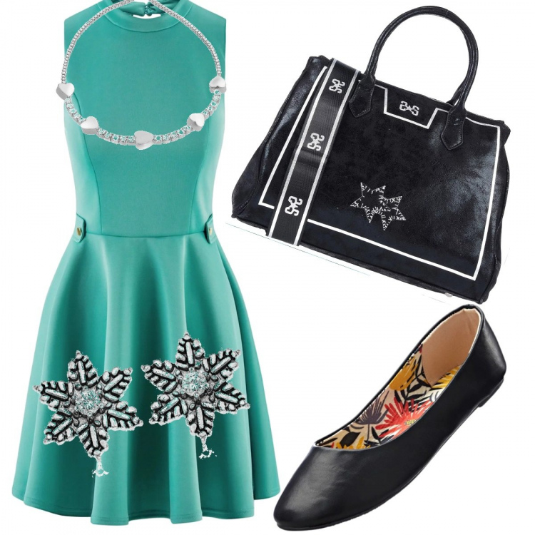 Outfit donna - Stelle-orecchini e borsa. Stile Bon Ton per Ufficio. Abbinamento con ballerine, borsa a mano, vestito, orecchini in argento 925, bracciale.