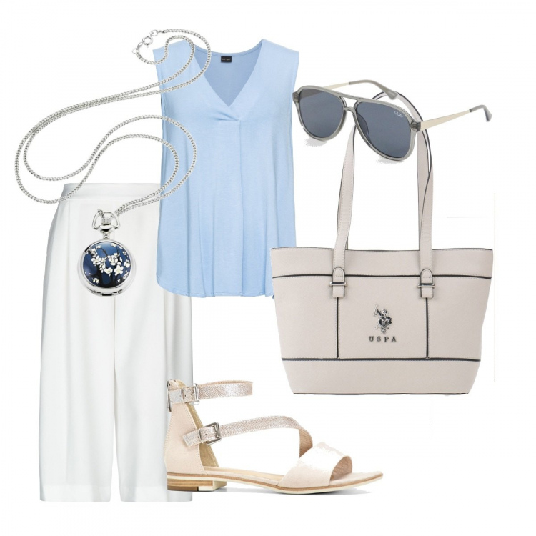 Outfit donna - Basic #8132. Stile Basic per Tutti i giorni. Abbinamento con top, sandali con cinturino marrone, collane, pantalone capri con zip in cady tinta unita, borsa a spalla taglia media con zip interno foderato in pelle sintetica tinta unita, occhiali da sole da aviatore taglio dritto lenti scure stanghette sottili protezione dai raggi.