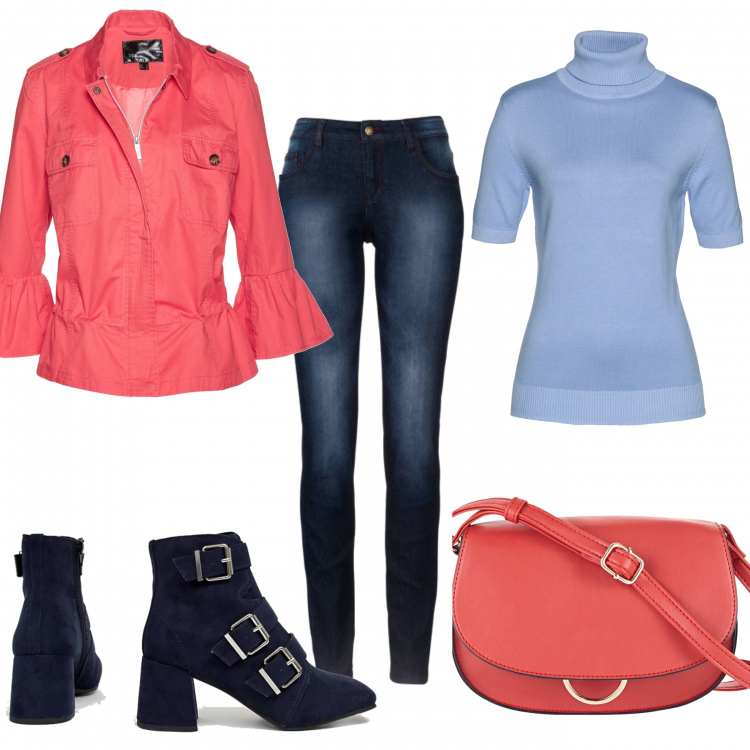 Outfit donna - Basic #8153. Stile Basic per Tutti i giorni. Abbinamento con jeans skinny, giacca con volant e coulisse fucsia, pullover a maniche corte, borsa a tracolla, stivali con fibbia e punta quadrata navy.