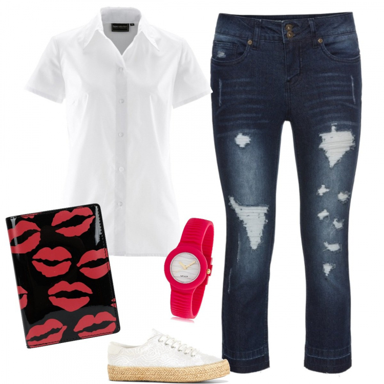 Outfit donna - In ufficio... Casual. Stile Basic per Ufficio. Abbinamento con camicie a manica corta, borse a tracolla, sneakers con plateau, portadocumenti con stampa effetto vernice in pelle sintetica tinta unita, orologio con cinturino rosso e bianco e oro.