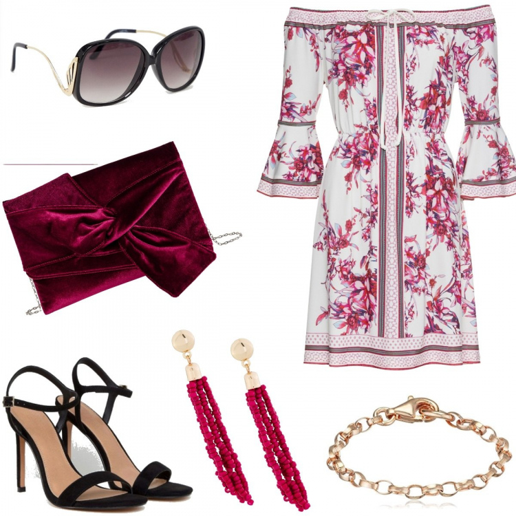 Outfit donna - Abito floreale per evento informale. Stile Trendy per Cerimonia. Abbinamento con costumi interi, pochette con fiocco in velluto, orecchini, occhiali da sole oversize taglio dritto lenti colorate estremità ricurve protezione dai raggi, sandali petite collo aperto nudo, collane.