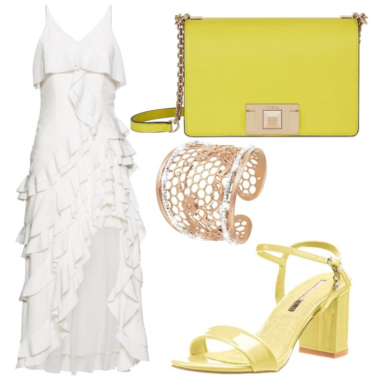 Outfit donna - Bracciale oversize. Stile Sexy per Serata fuori. Abbinamento con vestito con volant, scarpe col tacco con cinturino giallo, anello fantasia floreale, borsa a tracolla mini.
