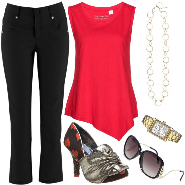 Outfit donna - Cuori sulle décolleté. Stile Trendy per Tutti i giorni. Abbinamento con pantaloni, top forma asimmetrica rosso, collana, décolleté rosso, occhiali da sole oversize taglio dritto lenti colorate estremità ricurve protezione dai raggi, orologi.