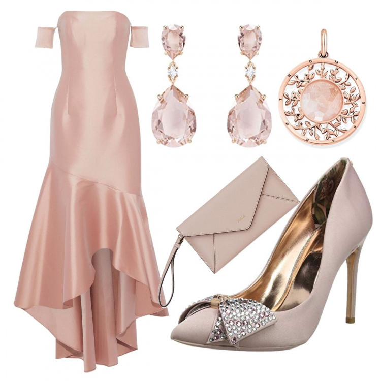 Outfit donna - Chic #7935. Stile Chic per Cerimonia. Abbinamento con vestito forma svasata scollatura profonda a maniche corte con zip interno sfoderato in raso tinta unita, pochette, scarpe col tacco rosa, orecchini rosa e oro, pendente in sterling 925 argento.