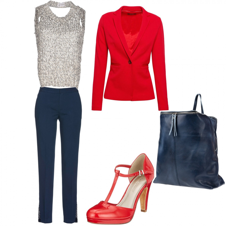 Outfit donna - Bon Ton #6940. Stile Bon Ton per Ufficio. Abbinamento con pantalone con pizzo, top melange lavorato a maglia collo tondo senza maniche tinta unita, borsa, scarpe rosso, blazer rosso.