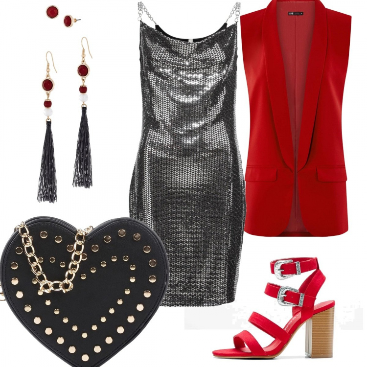 Outfit donna - Amore. Stile Sexy per Serata fuori. Abbinamento con body, sandali rosso, orecchini a bottone rosso, borsa a tracolla mini con borchie e zip interno foderato in pelle sintetica tinta unita, gilet a panciotto aderente rosso.
