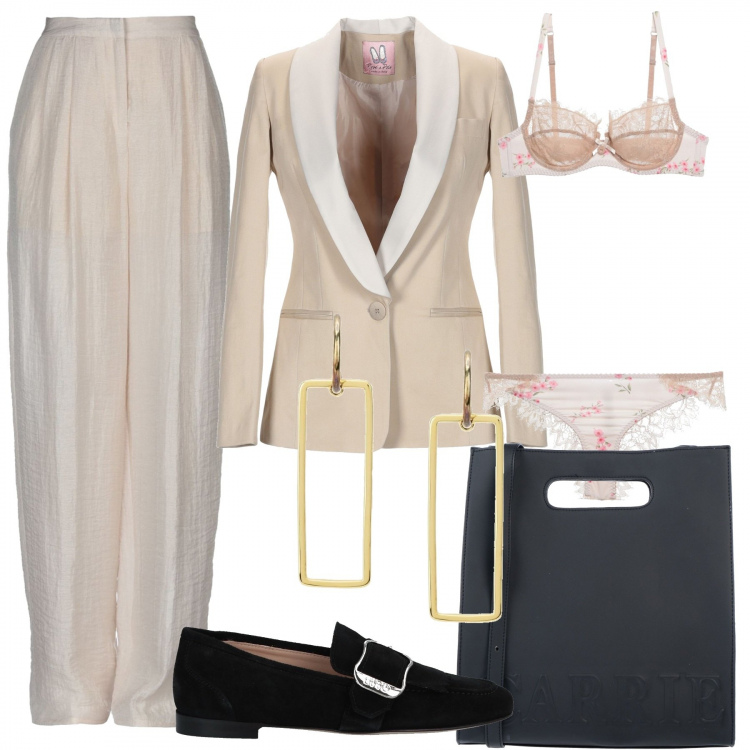 Outfit donna - Armani low cost. Stile Chic per Serata fuori. Abbinamento con pantalone lungo, giacca a pois collo con revers a maniche lunghe interno foderato in raso twill rosa, borsa a mano taglia media con zip tinta unita, intimo coordinato con pizzo tinta unita, orecchini, mocassini effetto scamosciato senza tacco con punta tonda tinta unita.