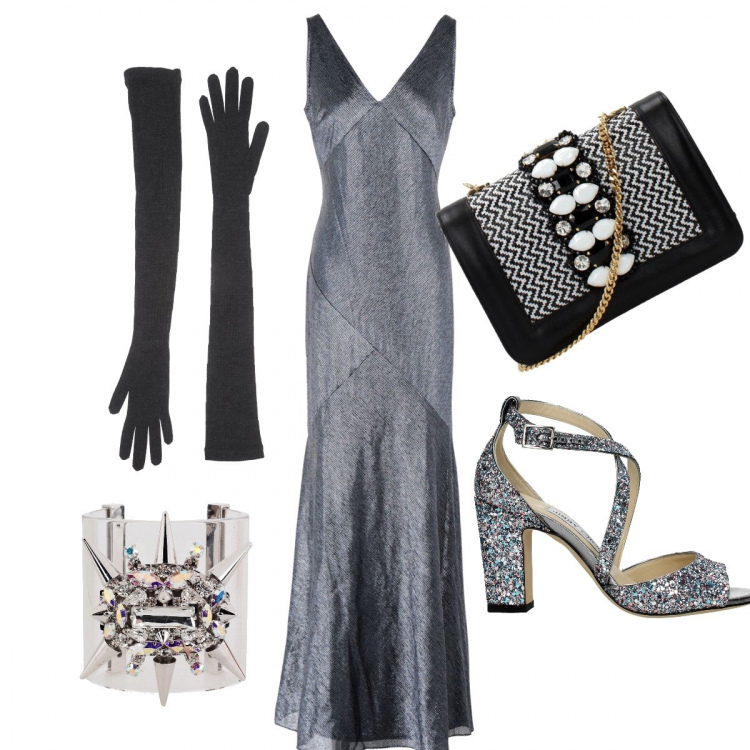 Outfit donna - Cannes carpet. Stile Chic per Cerimonia. Abbinamento con vestito lungo effetto laminato scollatura profonda senza maniche con zip interno foderato jersey, guanti, bracciale con strass, sandali, borse a spalla.