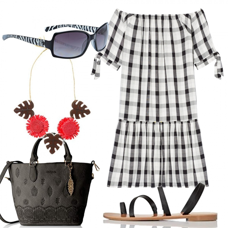 Outfit donna - La collana distingue. Stile Basic per Tutti i giorni. Abbinamento con vestiti, sandali alla schiava, borse a mano, occhiali da sole nero, collana in ottone.
