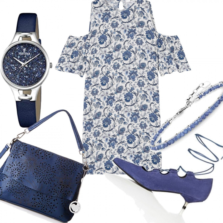 Outfit donna - Un giro in centro. Stile Chic per Tutti i giorni. Abbinamento con vestito corto con volant e stampa con spalle scoperte a maniche corte blu, scarpa col tacco, orologi analogici, shopping bag blu, braccialetti.