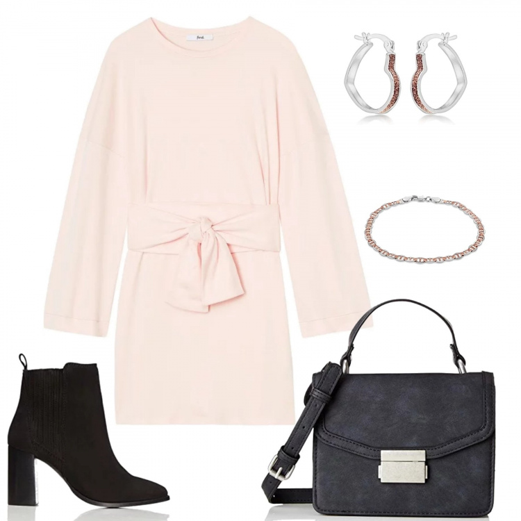 Outfit donna - Find my style. Stile Trendy per Tutti i giorni. Abbinamento con vestiti lunghi, orecchini argento e bianco, stivali, borsa a tracolla, bracciale in sterling 925 ipoallergenico argento e bianco.